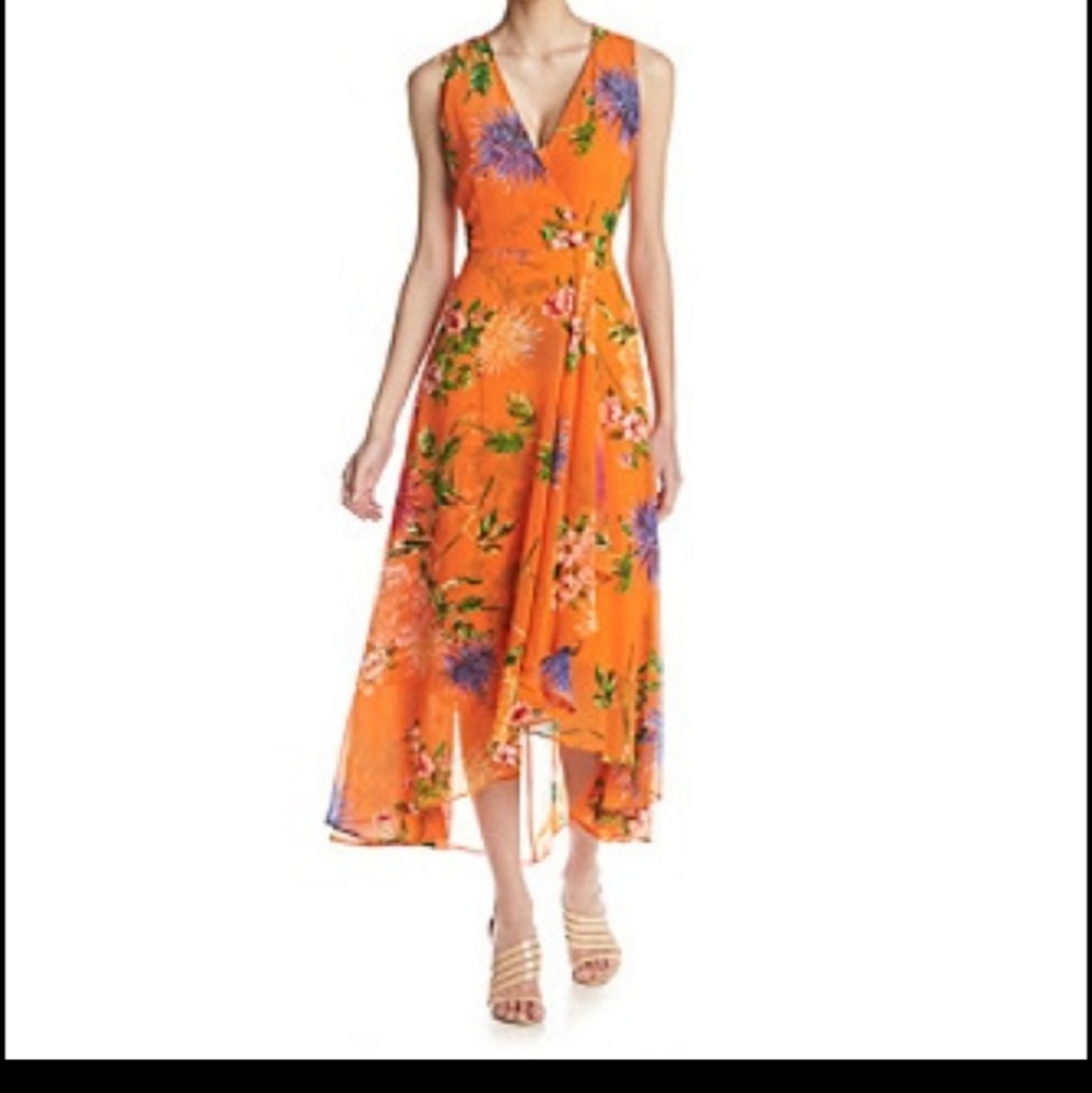 Calvin Klein orange floral chiffon hig-low faux wrap dress size 18W